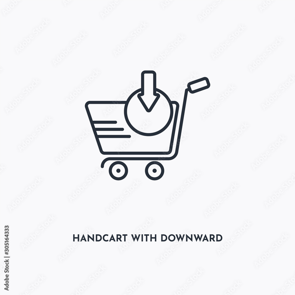 Handcart with downward arrow outline icon. Simple linear element illustration. Isolated line Handcart with downward arrow icon on white background. Thin stroke sign can be used for web, mobile and UI.