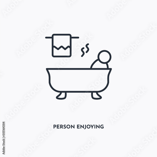 Person enjoying jacuzzi bath outline icon. Simple linear element illustration. Isolated line Person enjoying jacuzzi bath icon on white background. Thin stroke sign can be used for web, mobile and UI.