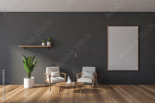 Fototapeta Naklejka Na Ścianę i Meble -  Gray living room with white armchairs and poster