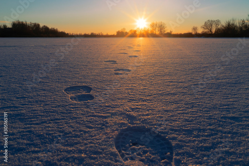 Winter landscape. Sunset above a frozen lake. Footprints in the snow stretching away toward the sun. Place for text.