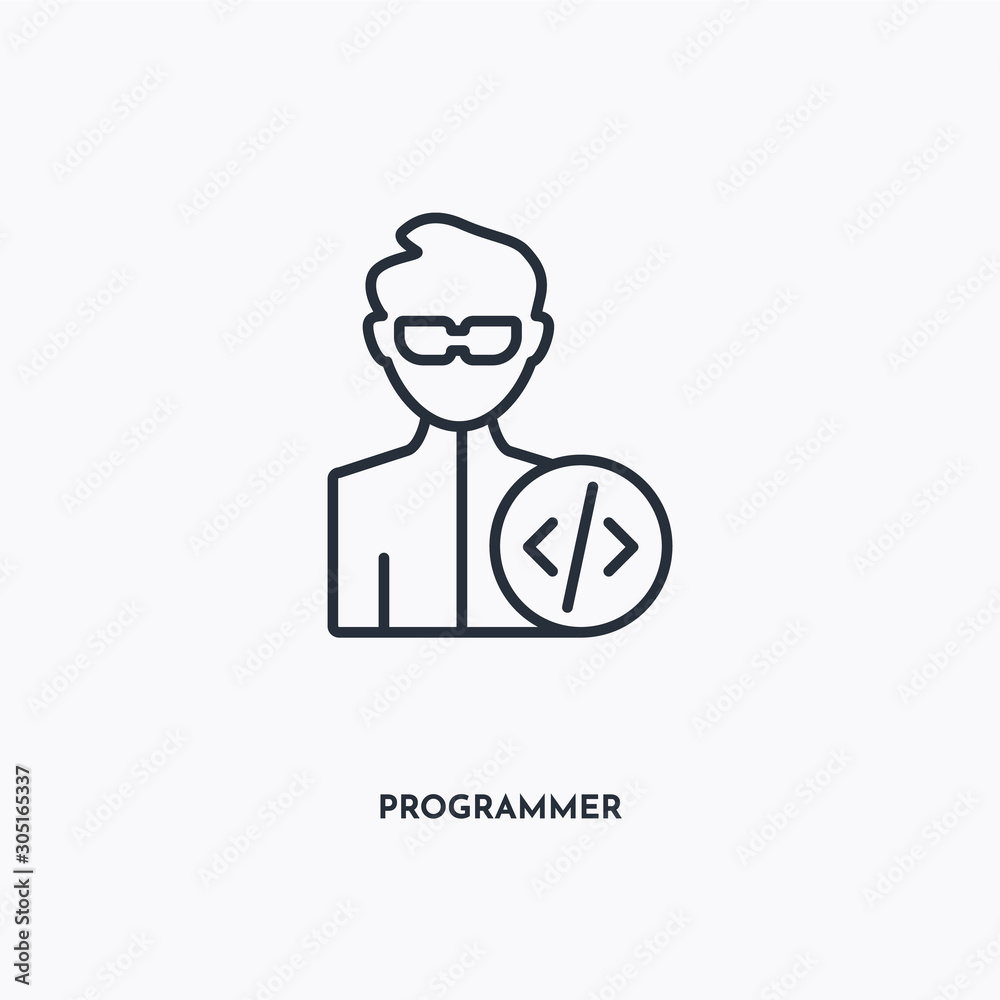 Programmer outline icon. Simple linear element illustration. Isolated line Programmer icon on white background. Thin stroke sign can be used for web, mobile and UI. Programmer outline icon. Simple linear element illustration. Isolated line Programmer icon on white background. Thin stroke sign can be used for web, mobile and UI.