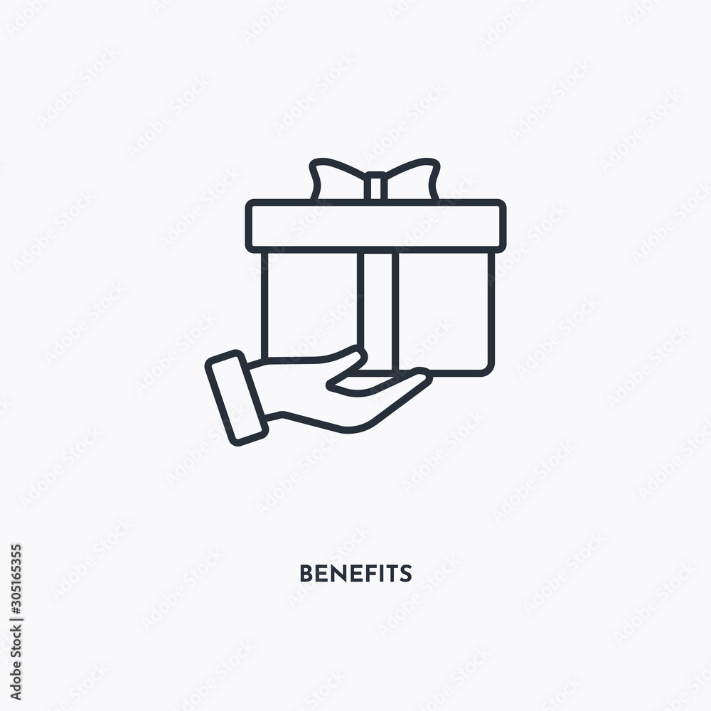 Benefits outline icon. Simple linear element illustration. Isolated line Benefits icon on white background. Thin stroke sign can be used for web, mobile and UI. Benefits outline icon. Simple linear element illustration. Isolated line Benefits icon on white background. Thin stroke sign can be used for web, mobile and UI.