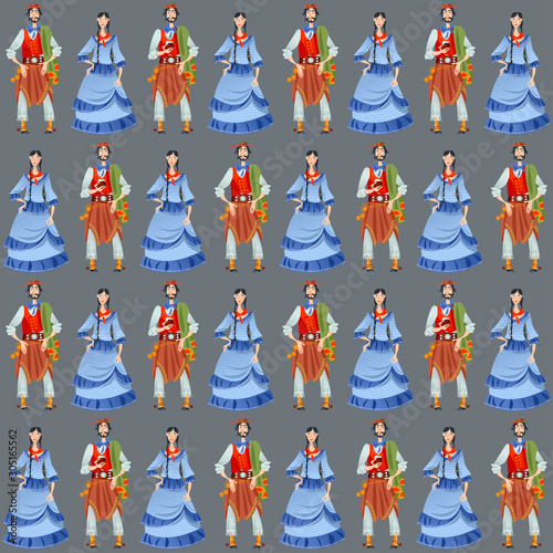 Сouple in traditional costumes. Gaucho (Argentinian cowboy) and a girl. Seamless background pattern.