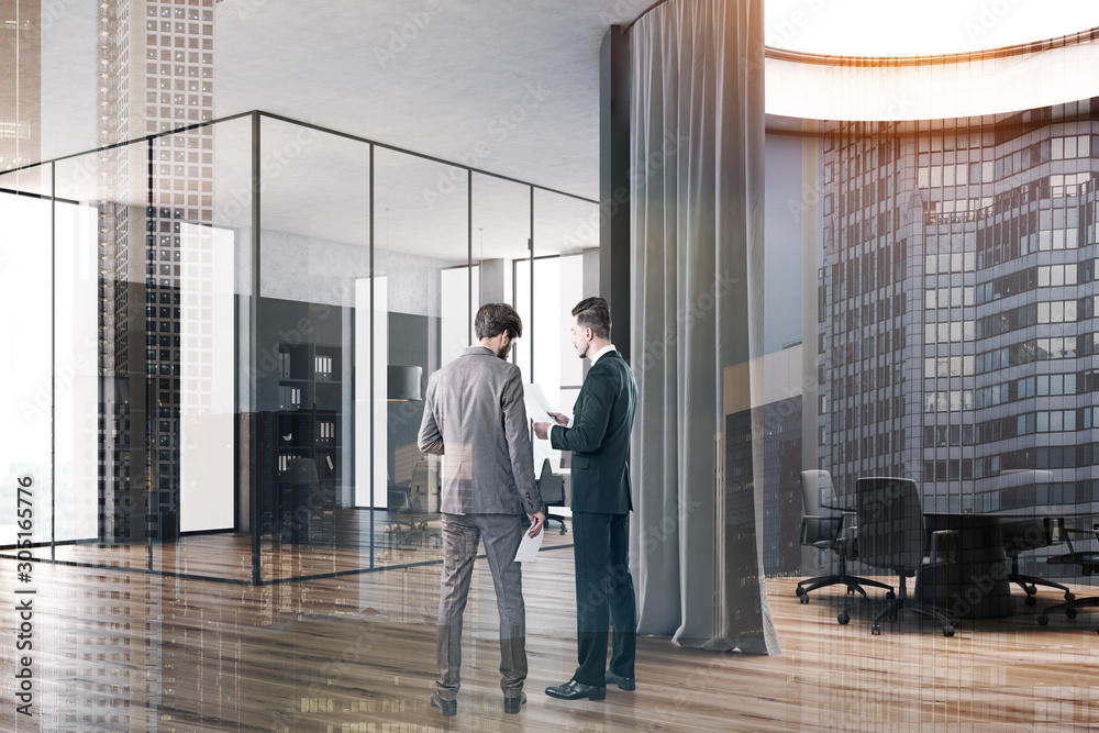 Business people near round meeting room Business people near round meeting room
