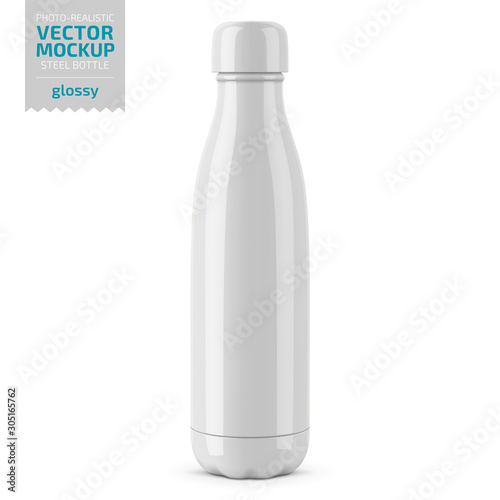 White glossy steel water bottle vector mockup.