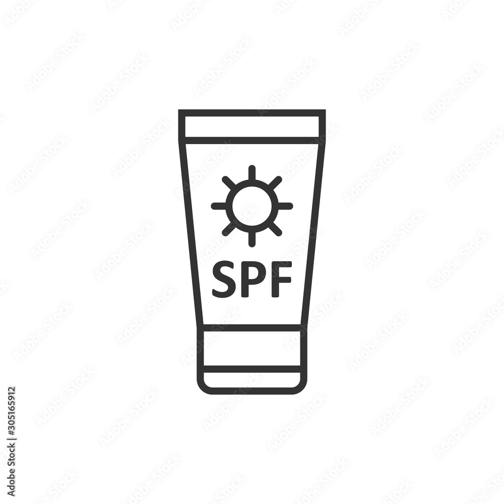 Sun protection icon in flat style. Sunblock cream vector illustration on white isolated background. Spf care business concept.