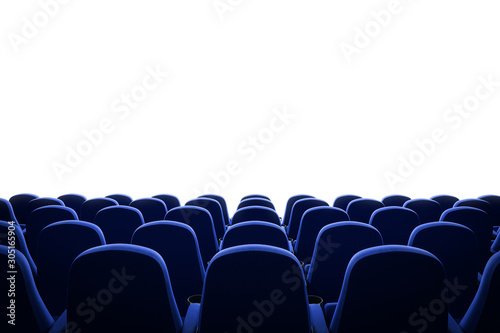 Movie theater with blue seats and mock up screen