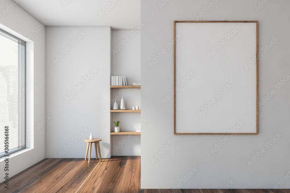 White living room with shelves and poster White living room with shelves and poster