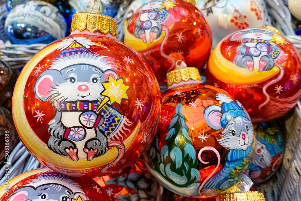 Moscow, Russia. Modern Christmas toys with the symbol of 2020 - rat , mouse