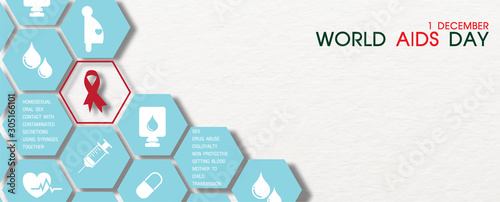 "WORLD AIDS DAY" and "1 DECEMBER" wordings with red ribbon, white medical i con and wording about infection of HIV on pink polygon isolate on white background.