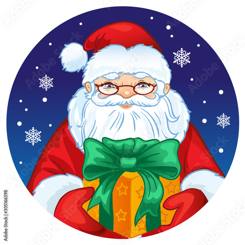 Portrait of Santa Claus. Vector illustration on a round with snowflakes. Icon traditional New Year character.