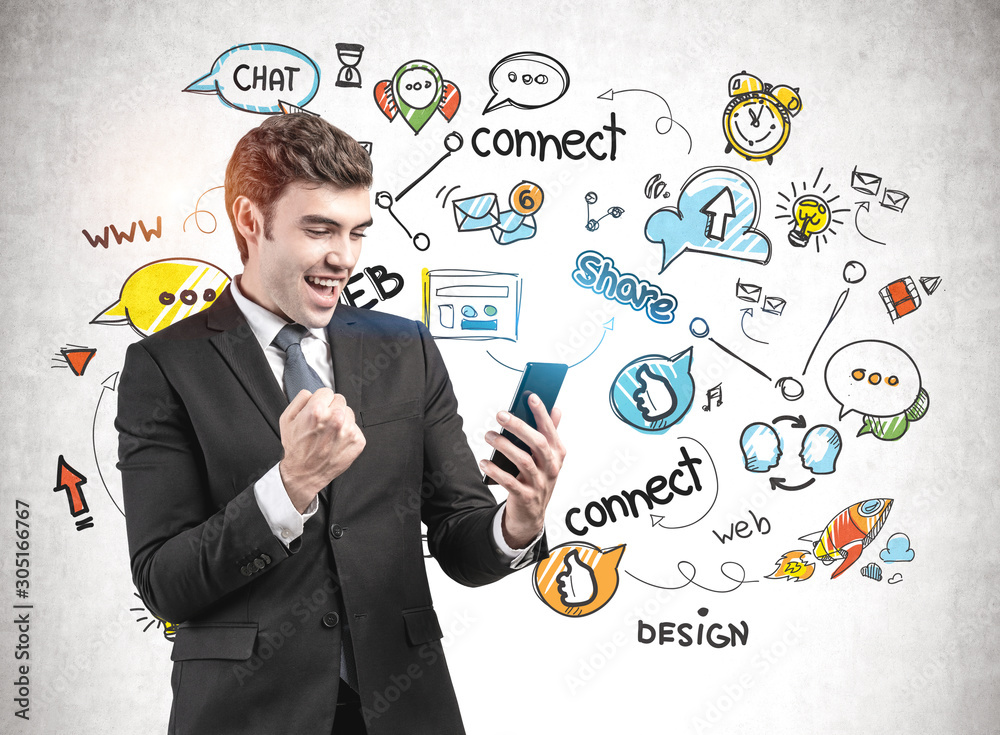 Happy businessman with smartphone, social media Happy businessman with smartphone, social media