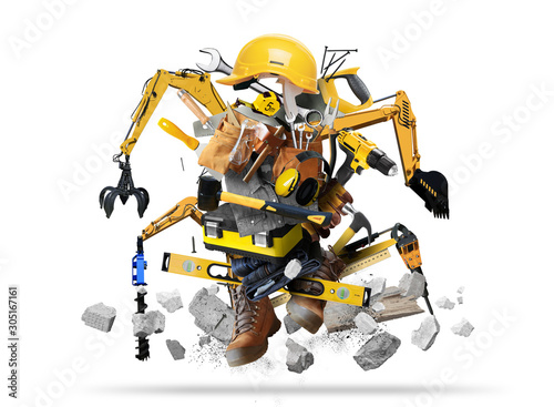 Fotografie Huge construction robot, tools with construction machinery in grunge style
