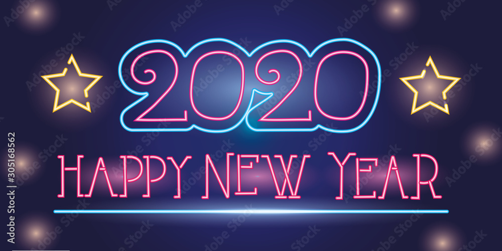 happy new year 2020 neon lights with ribbon