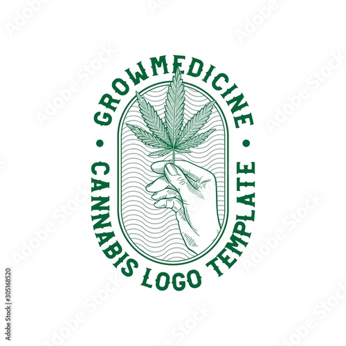 Cannabis With Hand Illustration for logo or TShirt Designs Template Vector, hemp, Cbd, Thc