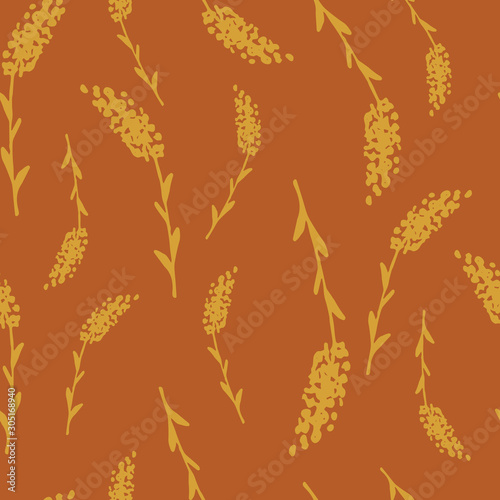 Floral seamless pattern in line art style.  Abstract botanical print of flowers, leaves, twigs.Textile design texture. Spring blossom background. Vector illustration.