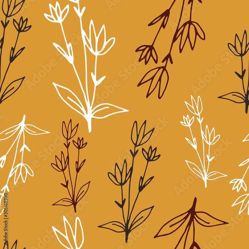 Floral seamless pattern in line art style.  Abstract botanical print of flowers, leaves, twigs.Textile design texture. Spring blossom background. Vector illustration.