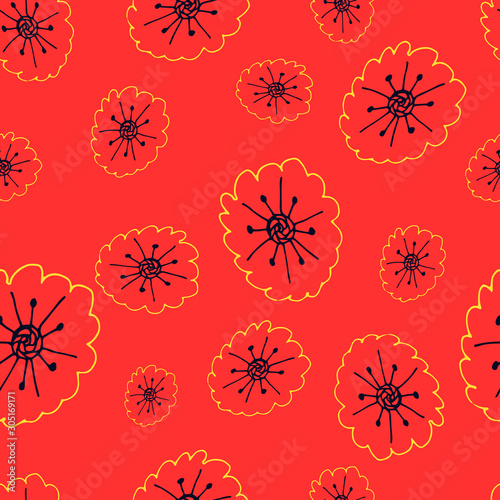 Floral seamless pattern in line art style.  Abstract botanical print of flowers, leaves, twigs.Textile design texture. Spring blossom background. Vector illustration.