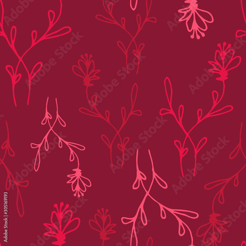 Floral seamless pattern in line art style.  Abstract botanical print of flowers, leaves, twigs.Textile design texture. Spring blossom background. Vector illustration.