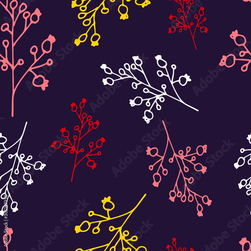 Floral seamless pattern in line art style.  Abstract botanical print of flowers, leaves, twigs.Textile design texture. Spring blossom background. Vector illustration.