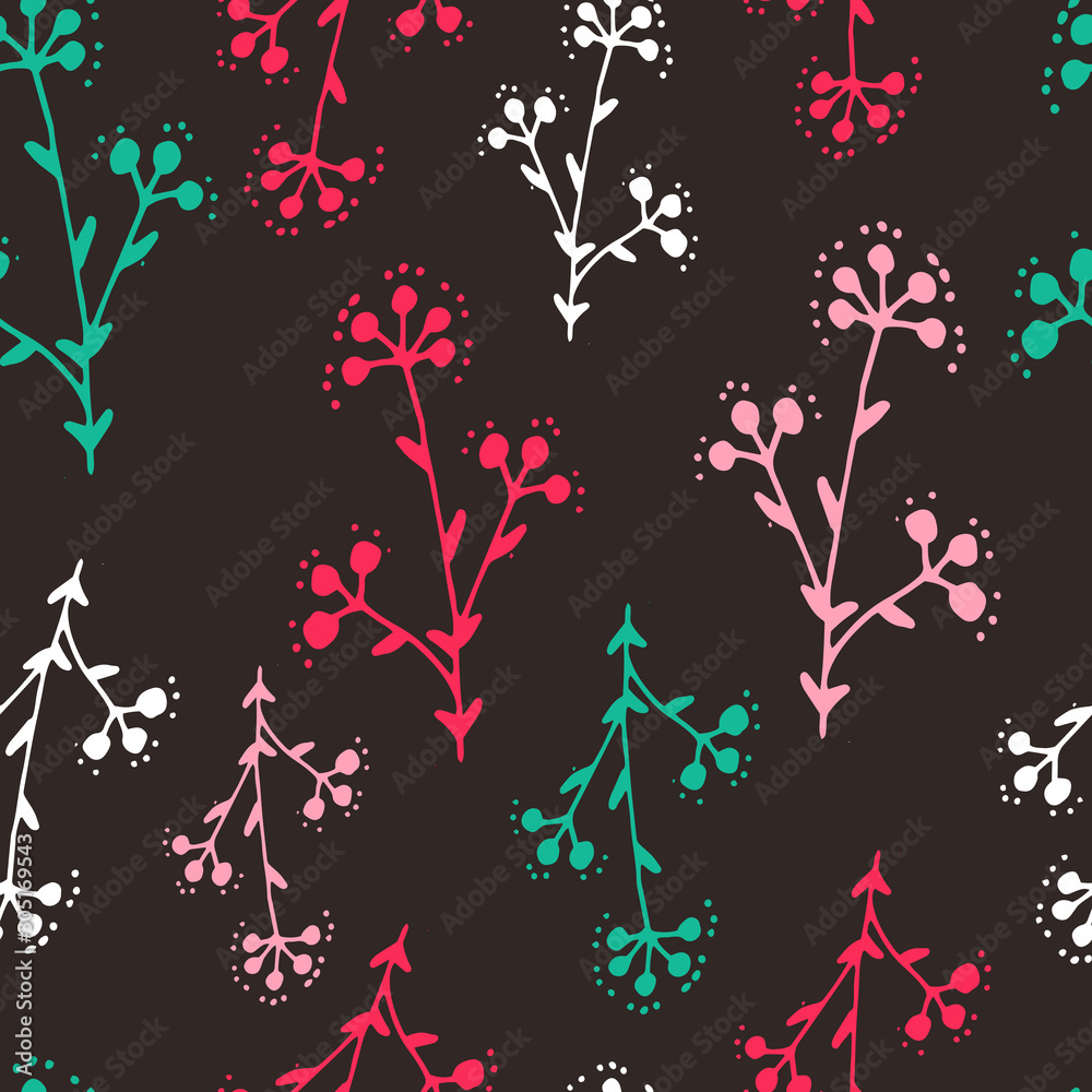 Floral seamless pattern in line art style.  Abstract botanical print of flowers, leaves, twigs.Textile design texture. Spring blossom background. Vector illustration.