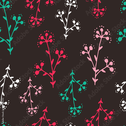 Floral seamless pattern in line art style.  Abstract botanical print of flowers, leaves, twigs.Textile design texture. Spring blossom background. Vector illustration.
