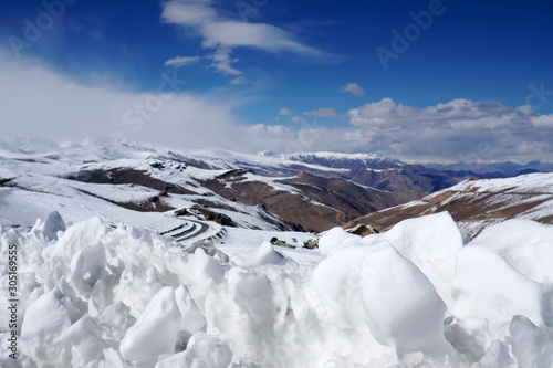 Natural Scene white Snow on the   himalaya snow mountain of High Roadway at tanglang la pass in winter season at Leh Ladakh , India photo