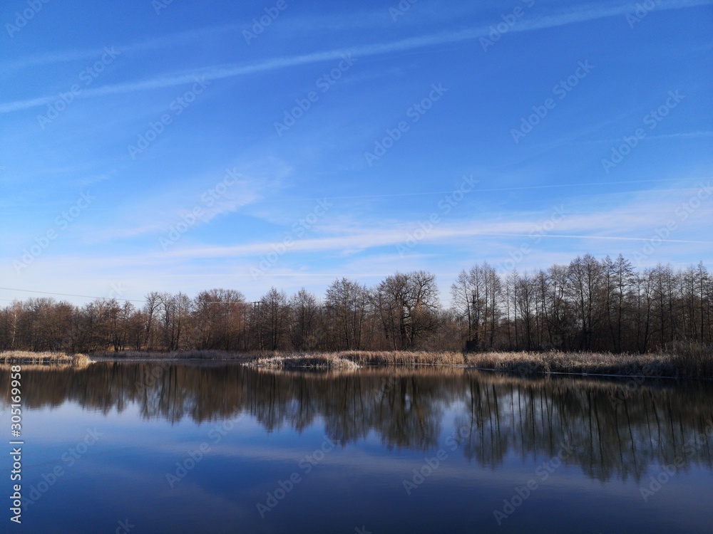  mirror surface of water and blue sky