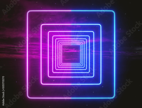 beautiful Glowing neon lights square tunnel abstract background. pink and blue vibrant colors. 3d rendering