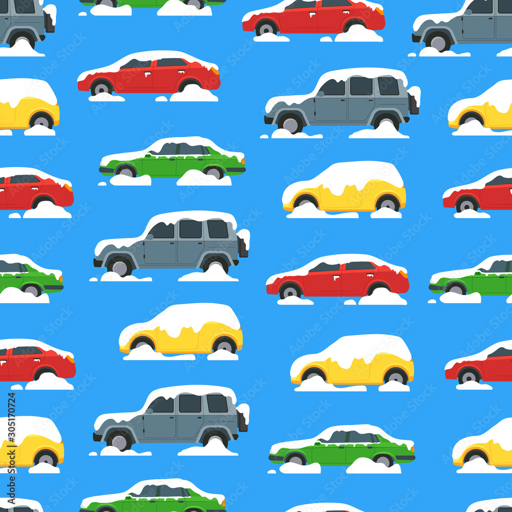 Cartoon Color Cars Covered Snow Seamless Pattern Background. Vector