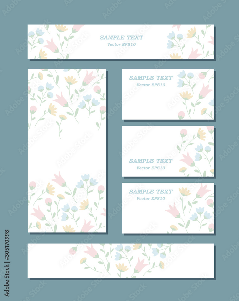 Floral patterns of different sizes with flowers in pastel colors. For romantic design, announcements, greeting cards, advertisement. Vector EPS10