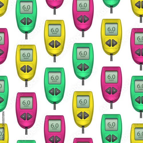 Realistic Detailed 3d Electronic Glucometer Seamless Pattern Background. Vector