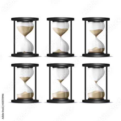 Realistic Detailed 3d Hourglass with Sand Inside Set. Vector