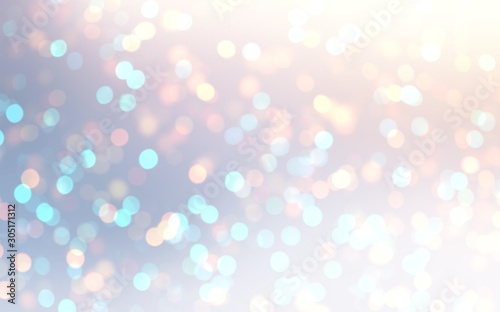 Christmas sequins bokeh background. Blur glitter confetti texture. New year iridescent empty template. Winter sparkling pattern. Festive illustration. White pink blue ombre.