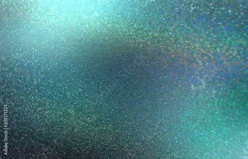 Festive glitter abstract illustration. Blue green ombre background. Shimmer emerald cristal texture. Spectrum sparkles pattern. 