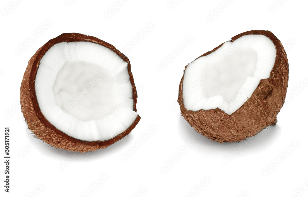 broken coconut with white filling inside on a white background broken coconut with white filling inside on a white background