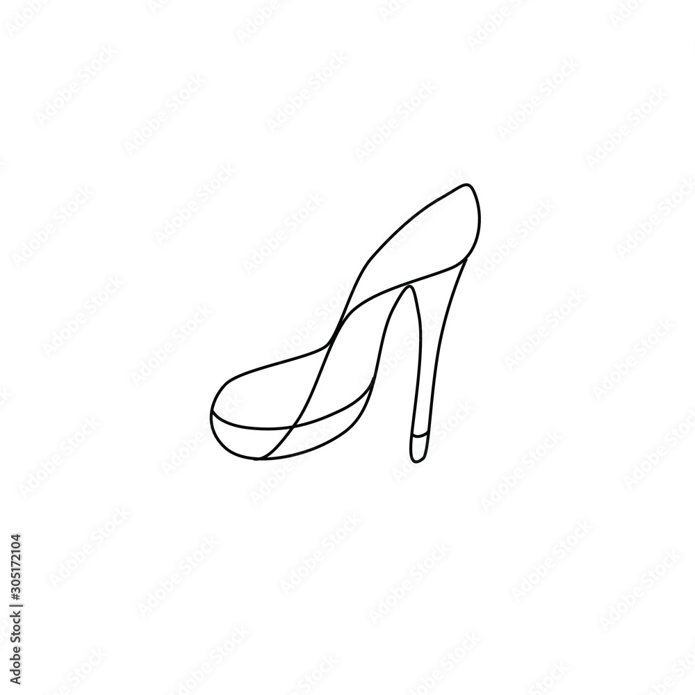 Women shoes сontinuous line drawing, small tattoo, print for clothes and logo design, emblem or logo design, silhouette one single line on a white background, isolated vector illustration. Stock Vector