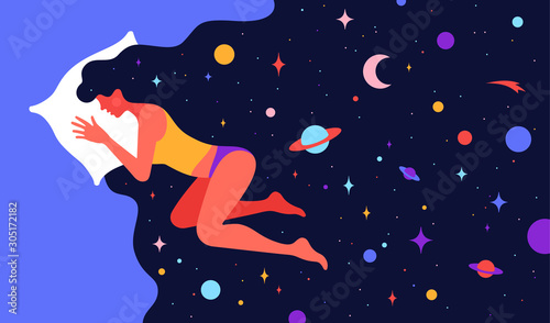 Modern flat character. Woman sleeping in bed with universe