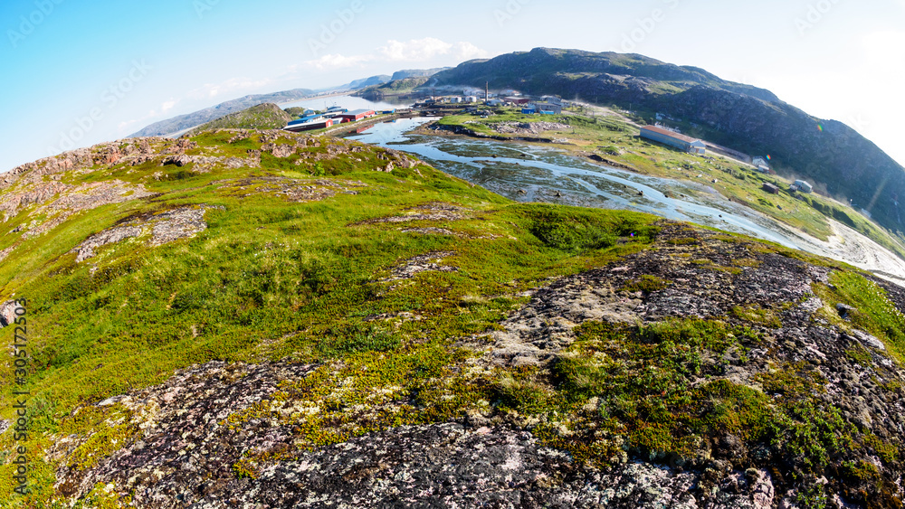 Fisheye view of village Teriberka in the Barents sea coast. Kola peninsula, Murmansk Oblast, Russia