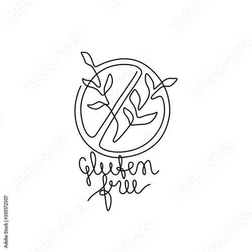 Cluten free, no wheat symbols, dietary label, emblem or logo design, continuous line drawing, neon, banner, poster, flyers, marketing, one single line on white background, isolated vector illustration