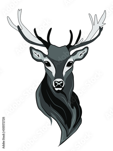 Vector illustration in gray tones of a male deer with big horns.