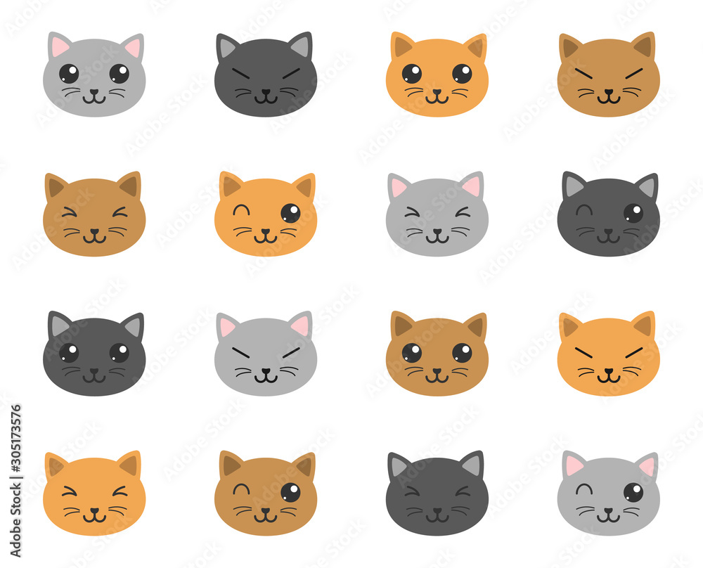 cute kawaii cats color flat vector illustrations on white background