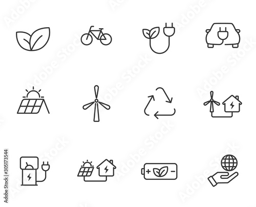 Ecology outline vector icons isolated on white background. Ecology outline flat icons for web and ui design. Go green eco friendly environment concept.