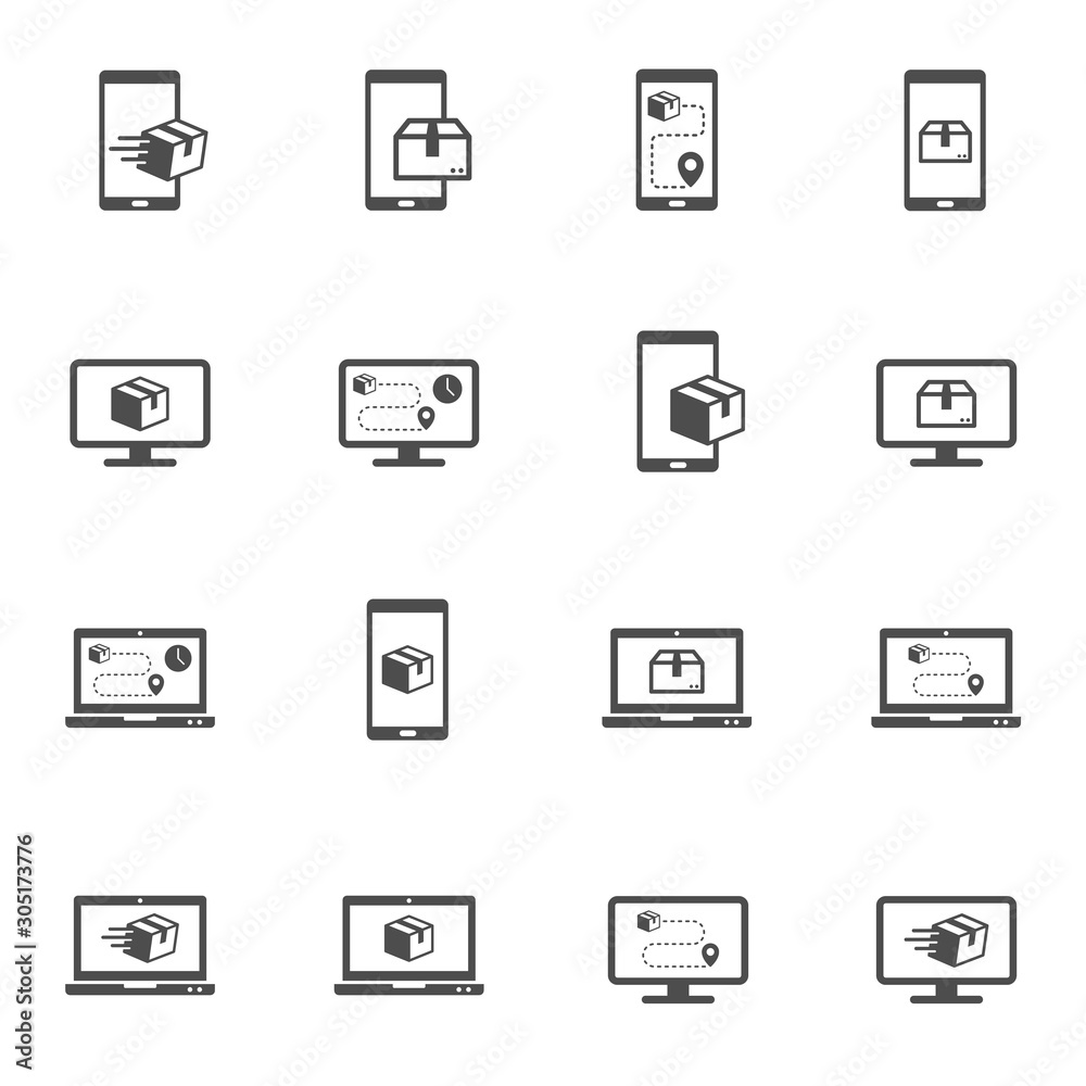 Delivery app vector icons isolated on white background. Smatrphones and computers with express delivery app icons for web, mobile and ui design Delivery app vector icons isolated on white background. Smatrphones and computers with express delivery app icons for web, mobile and ui design