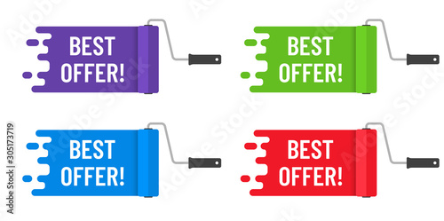 Best offer lettering on paint roller brushes color flat vector illustration. Best offer stock vector illustration for headers, banners and advertising. Purple, red, green, blue colors