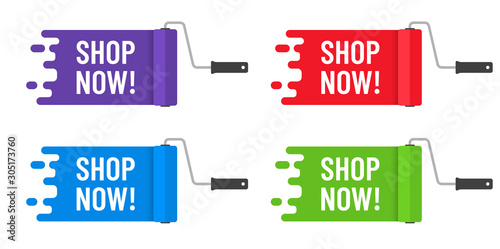 Shop now lettering on paint roller brushes color flat vector illustration. Shop now stock vector illustration for headers, banners and advertising. Purple, red, green, blue colors