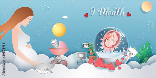 regnancy 9-month Stages of development. Process of human fetal growth in pregnancy and mother and baby infographic Happy Mother's Day beautiful woman and child.Vector illustration