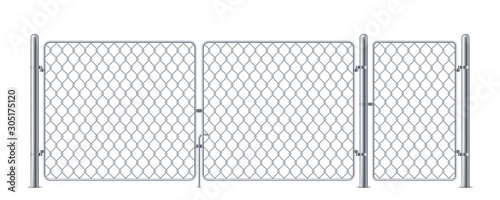 Wired fence or chain link fencing, chainlink metal construction for concert, steel barrier for security with gate or wicket. Secure entrance for military or fight cage. Border, obstacle, safety theme