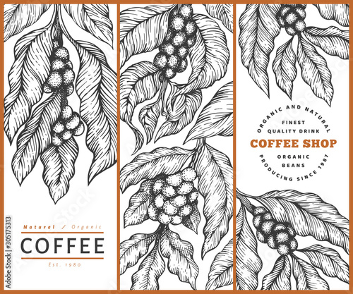 Set of coffee vector design template. Vintage coffee background. Hand drawn engraved style illustration.