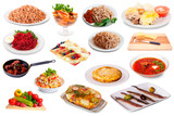 Set of many plates with tasty food over white background